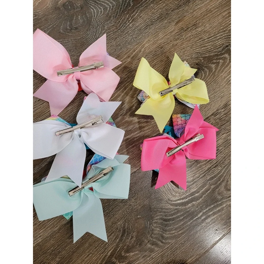 5pc Mermaid Hair Bows Grosgrain Rainbow Scale Alligator Clips 5